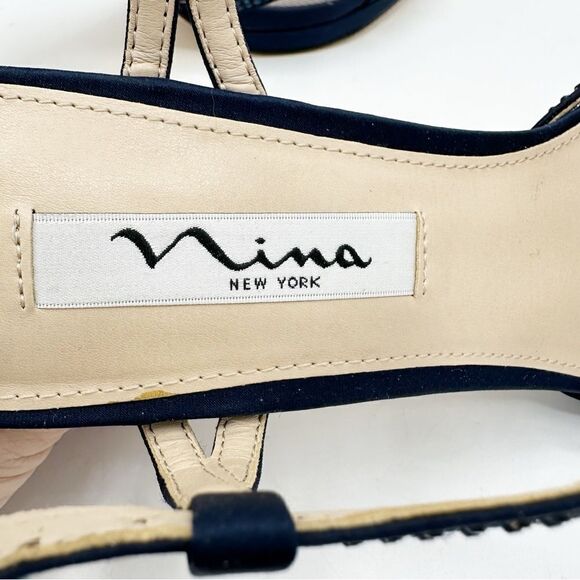 Nina Navy Blue Satin Blossom Slingback Crystal Open Toe Evening Sandal Prom 8.5 - Picture 7 of 14